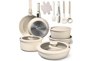 KIXOLO 19 Pièces Poele Ceramique et Batterie de Cuisine Induction, Set de Casseroles Tout Feux, Sans PFOA et PTFE, Poêles Antiadhésives avec 2 Poignées Détachables, pour Four et Lave-vaisselle