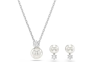 Swarovski Matrix Set, Weiße, Rhodinierte Halskette und Ohrringe mit Kristallperle und Strahlenden Kristallen im Rundschliff