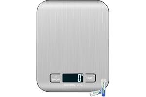 TORCHTREE Kitchen Scales Digital, 11lb/5kg Ultra Thin Food/Cooking/Baking Scale,1g/0.1oz Precise Graduation 5 Units Tare Function Touch Button, Backlit LCD High Precision, Stainless Steel-5kg
