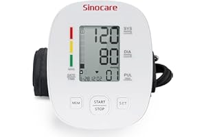 Tensiometre Bras, Sinocare Tensiomètre Bras Professionnel Tensiomètre Brassard pour Usage Domestique, Grand Brassard Réglable 22-42 cm, Surveillance de la Fréquence Cardiaque avec 2×90 Mémoire