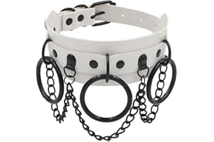 Aabellay Circle Choker Necklace PU Leather Goth Choker Collar with Black Studded Punk Rock Rivet Collar Adjustable Size - Double Layer with Circle – White