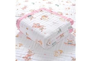 Hivia 110 * 110CM Mussole Neonato Cotone-6 Strati di Morbida e Confortevole Copertina Neonato Cotone,100% Cotone Coperta Neonato Adatto per Culla, Carrozzina|Coniglio Rosa