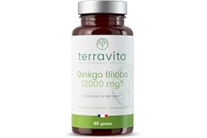 GINKGO BILOBA Extra Fort | Circulation Sanguine - Mémoire - Concentration - Acouphènes | Extrait 50:1 Hautement Dosé 12000 mg par Gélule | 60 Gélules Vegan | Made in France | Terravita