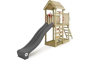‎WICKEY WICKEY Spielturm Klettergerüst JoyFlyer mit Holzdach & anthraziter Rutsche, Outdoor Kinder Kletterturm mit Sandkasten, Leiter & Spiel-Zubehör für den Garten