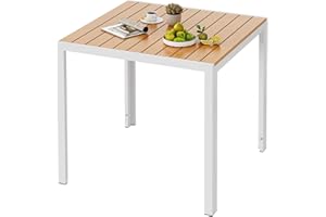 LIFERUN Tavolo da giardino resistente alle intemperie, 75 x 75 cm, in alluminio con piano in WPC, tavolo da pranzo da esterno per balcone e terrazza, leggero, stabile, quadrato, bianco e teak