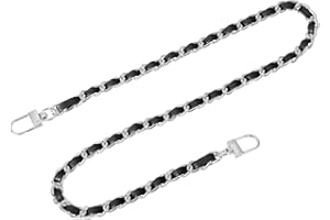 QUARKZMAN Correa de Cadena para Bolso, 24" Correa de Cadena Plana de Cuero y Hierro para Bolsos con Hebillas para Reemplazo de Correas de Bolso (Correa Negra + Cadena Plateada)