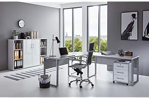 BMG-Moebel.de Büromöbel komplett Set Arbeitszimmer Office Edition in Lichtgrau/Weiß Hochglanz (Set 2)