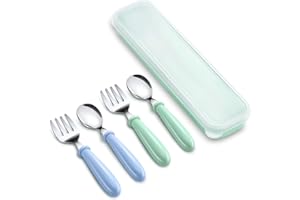 BEWOS Toddler Cutlery 4 Pcs, 304 Stainless Steel Kids Cutlery Set, Safe for All Age of Kids, Baby Self Feeding Weaning Set with Travel Case- 2 x Forks, 2 x Spoons, Dishwasher Safe (Green & Blue)
