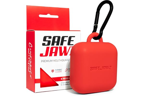 SAFEJAWZ Premium munskydd fodral med karbinhake. Unik hållbar och flexibel silikondesign för att hålla tandköttssköldar skyddade/rena. Röd, en storlek.