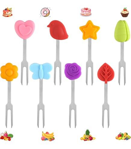 Fourchettes à Fruits Inox Réutilisables - 12 Pièces | Cure-Dents Avec Décoration Silicone Colorée | Pour Apéros, Fêtes
