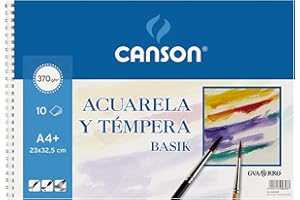 Canson Acuarela y Tempera Basik, Papel de acuarela, Grando ligero, 370gsm, Espiralados sobre el lado corto, 23x32,5cm, Blanco natural, 10 Hojas