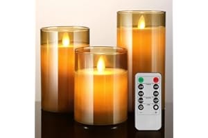 QIZEION Led Flameless Candles Gold, Battery Operated Flickering Candles Pillar Real Wax Moving Flame Electric Candle Sets Gold Glass Effect with Remote Timer, 4 in, 5 in, 6 in, Christmas Gifts