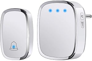 YYQ Campanello Senza Fili da Esterno Impermeabile IP44, Wireless Doorbell con Raggio d’Azione 300M, Indicatore LED, 1 Trasmettitore Pulsante e 1 Ricevitore, 5 Volume Regolabile, 36 Suonerie (Bianco)