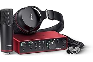 Focusrite Scarlett Interfejs audio USB 2i2 Studio 4. generacji dla autorów piosenek z mikrofonem pojemnościowym i słuchawkami do nagrywania, przesyłania strumieniowego i podcastów