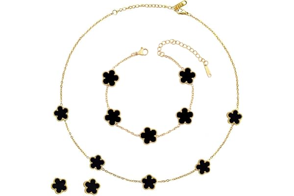 ZhouWei 4 st smyckesset fyrklöver fyrklöver, set halsband och örhängen klöverarmband 4 blad dubbelsidig klöver med fyra smyck