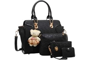 FiveloveTwo Moda Mujeres Bolsos Bandolera Mochila Totes Shoppers y bolso de hombro 4 piezas Cuero de PU Carteras de mano y Clutches con adornos de oso