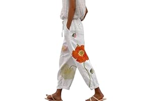 BUETORY Womens Straight Leg Linen Pants Drawstring High Waisted Yoga Beach Pants Plus Size Lightweight Outdoor Sports Harem Pants 2024 Summer Fashion Printed Loose Lounge Cropped Pant with Pocket
