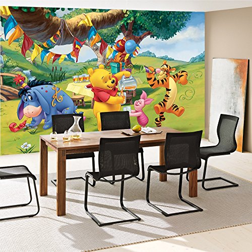 Vlies Fototapete PREMIUM PLUS Wand Foto Tapete Wand Bild Vliestapete – Kindertapete Cartoon Bär Tiger Esel Winnie Pooh Tigger Ferkel Ballon Geburtstag Baum Wiese – no. 922, Größe: 368 x 254 cm Vlies - 8