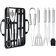 Liujiami 5Pcs Professional BBQ Tools Set with Storage Bag - Thickened Stainless Steel BBQ Accessories Set - Spatula, Fork, Basting Brush, Table knife, Tongs Best for Grilling