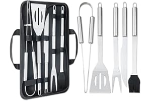 Liujiami 5Pcs Professional BBQ Tools Set with Storage Bag - Thickened Stainless Steel BBQ Accessories Set - Spatula, Fork, Basting Brush, Table knife, Tongs Best for Grilling