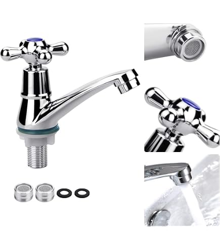 Robinet D'eau Froide Simple Pour Salle De Bain & Cuisine - Avec Filtre Et Double Tuyau, Argenté - 4