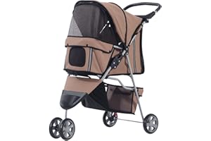 PawHut Poussette buggy pliable animaux, chariot pliant chien chat, porte-gobelet panier de rangement inclus, roues avec frein, tissu 600D Oxford acier, 75 x 45 x 97 cm marron