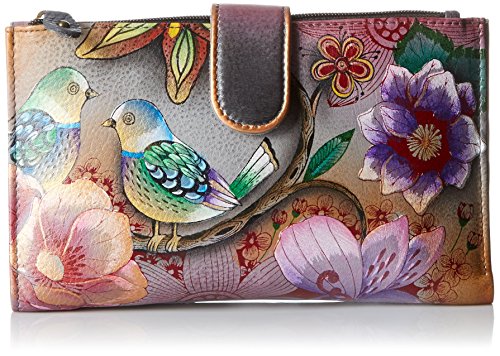 Preisvergleich Produktbild Anuschka handgemalte Leder, Damenbörse, Damenkupplung, Geldbörse der Frauen - Große lange Brieftasche mit Handytasche, Smartphone-Gehäuse, Abnehmbarem Schultergurt ( Blissful Birds 1113 BLB)