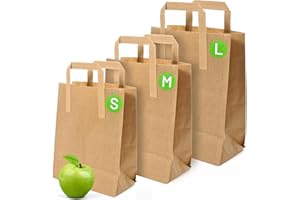 PWGOODS Brown Paper Bags with Handles - Large 12 x 10 x 5", 50 Pack, 80gsm Kraft Material, Takeaway Lunch Grocery Shopping Gift Party