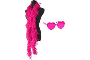 QUALIS Colourful Thick Feather Boa With Coloured Heart Sunglasses | ABBA Fancy Dress Costume Feather Boas Multipack | 6.6ft Feather Boa And Heart Glasses | Hot Pink
