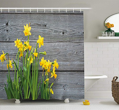 BUZRL Yellow Flower Shower Curtain, Bouquet Daffodils on Wood Planks Gardening Rustic Country Life Theme, Fabric Bathroom Decor Set Hooks, 60W X 72L Inches, Yellow Grey
