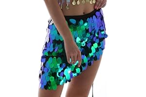 Yienate Sexy Damen Bauchtanz Kostüm Pailletten Rock Sparkle Multicolor Meerjungfrau Hüfttuch Wrap Minirock Rave Kostüm
