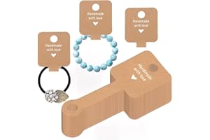 YUVKIN 50 Tarjetas de Exhibición de Joyas Autoadhesivas para Collares, Pulseras, Pendientes, Gomas para el Pelo, Etiquetas Colgantes de Cartón Kraft (10 x 4 cm) (Hecho a Mano con Amor)