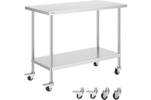 VEVOR Stainless Steel Work Table 24 x 48 x 38 Inch, with 4 Wheels, 3 Adjustable Height Levels, Heavy Duty Food Prep Worktable for Commercial Kitchen Restaurant, Silver
