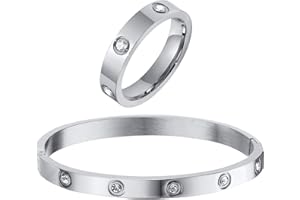 RIXERKOC Parure Gioielli Donna Anello Oro e Bracciali Donna, Bracciale Rigido Donna, Bracciale in acciaio inox con zirconi Anello per le Nocche regalo di compleanno, matrimonio, San Valentino