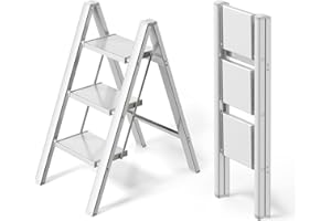 Ladnamy Escalera 3 Peldaños Escalera Plegable de Aluminio Carga máxima 150 kg Taburete PortáTil (Blanco)