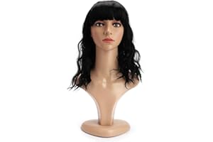 BERRYLION Wigs for Women|Short Bob Wig with Bangs|Synthetic Wavy Bob Wig With Air Bangs (Black)