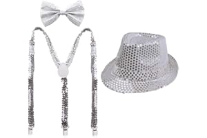 CARNAVALIFE Juego 3 de Tirantes Elásticos Pajaritas Ajustables y Sombrero de Copa de Lentejuelas Brillantes para Niños Disfraz de Fiesta Carnaval Halloween Navidad