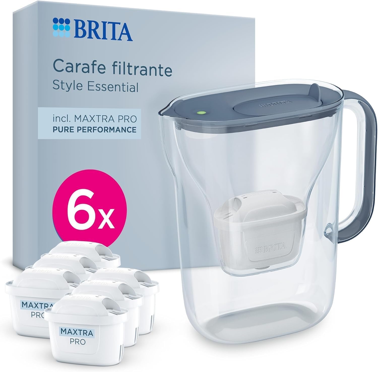 BRITA Jarra filtrante Style Essential Azul (2.4L) incl. 6x MAXTRA PRO PURE PERFORMANCE | Compatible con la puerta del frigorífico, con indicador LED, filtra impurezas y metales