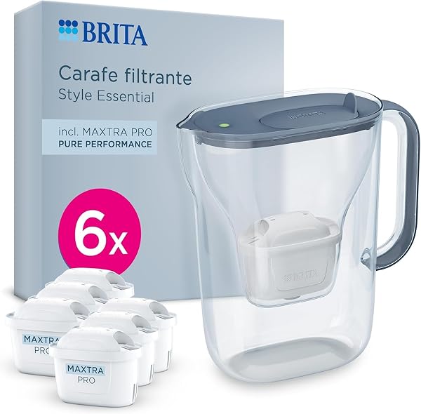 BRITA Jarra filtrante Style Essential Azul (2.4L) incl. 6x MAXTRA PRO PURE PERFORMANCE | Compatible con la puerta del frigorífico, con indicador LED, filtra impurezas y metales - 1