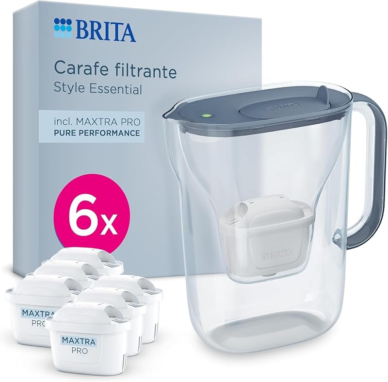BRITA Jarra filtrante Style Essential Azul (2.4L) incl. 6x MAXTRA PRO PURE PERFORMANCE | Compatible con la puerta del frigorífico, con indicador LED, filtra impurezas y metales