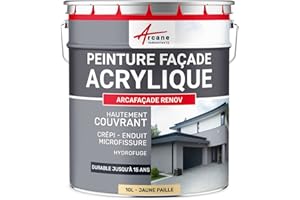 ARCANE INDUSTRIES Peinture Façade - Peinture Hydrofuge Acrylique 14 Couleurs - Dure jusqu'à 15 Ans - 10 L (+ ou - 60 m² en 1 Couche) Jaune Paille - RAL 085 90 30