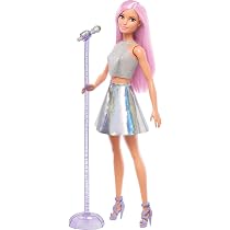 Barbie Coffret Barbie Pop Star, poupée vêtue d'une jupe irisée avec microphone et cheveux roses - Jeux & Jouets