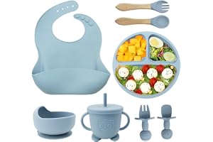 SKY-TOUCH 8 Pcs Silicone Baby Feeding Set, Baby Led Weaning Supplies with Suction Bowl Divided Plate, Self Feeding Spoons Forks Sippy Cup Adjustable Bib, (Blue)