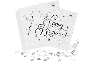 O-KINEE 40 sztuk serwetek urodzinowych, biało-srebrnych, serwetek Happy Birthday, serwetki papierowe serwetki papierowe, białe, srebrne, dekoracja urodzinowa, 33 x 33 cm, dla chłopców i dziewczynek, na