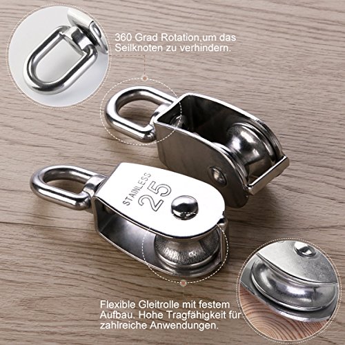 UEETEK 2Pcs 25MM Riemenscheibe Einzelsatz in Edelstahl 304 M25 Riemenscheibe Roller Tragkraft 400kg – Silber - 2