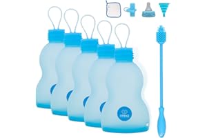 KPRICE | 5 Gourde Conservation Lait Maternel en Silicone | Sachet Conservation Réutilisable 250 ml | Sac Silicone Lait Soupe Jus de Fruits & Compote | Pot Alimentaire Maternelle | Coffret (Bleu)
