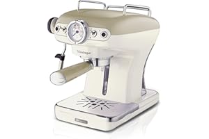 Ariete Espresso Vintage 1389, Machine à Café Expresso Pour Poudre Ou Dosette Ese, 1 Et 2 Tasses, Buse Cappuccino, Support de Tasse en Acier Inoxydable, 15 Bars, 850W, Beige