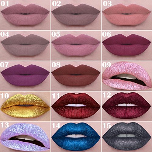 Wishwin Lippenstift Lipstick Lipgloss Metallic Liquid Matte Langlebig Wasserdicht Lippenstift 15 Farben - 3