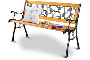 SFAREST 2-3 Seater Garden Bench, Outdoor Wooden Loveseat with Rose Style Design, Metal Slatted Cast Seating Chair for Patio Backyard Poolside (Flat Back)