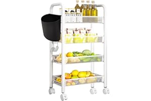 KATLKIU 4-stöckiger Küchenwagen mit Hängemümer – Schmaler Rollwagen mit feststellbaren Rädern, lässt Sich ohne Werkzeug zusammenbauen, für Küche, Bad, Waschküche, Schlafzimmer, Weiß (extra groß)